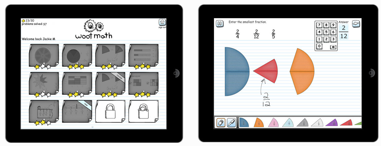 Woot Math Screenshots, Fraction Circles and Student Dashboard